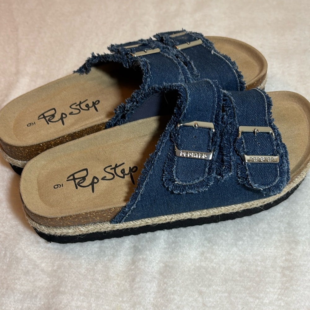 PEP STEP Denim 2-Buckle Design Sandals Slip-On Slide Shoes Flat Sz 9